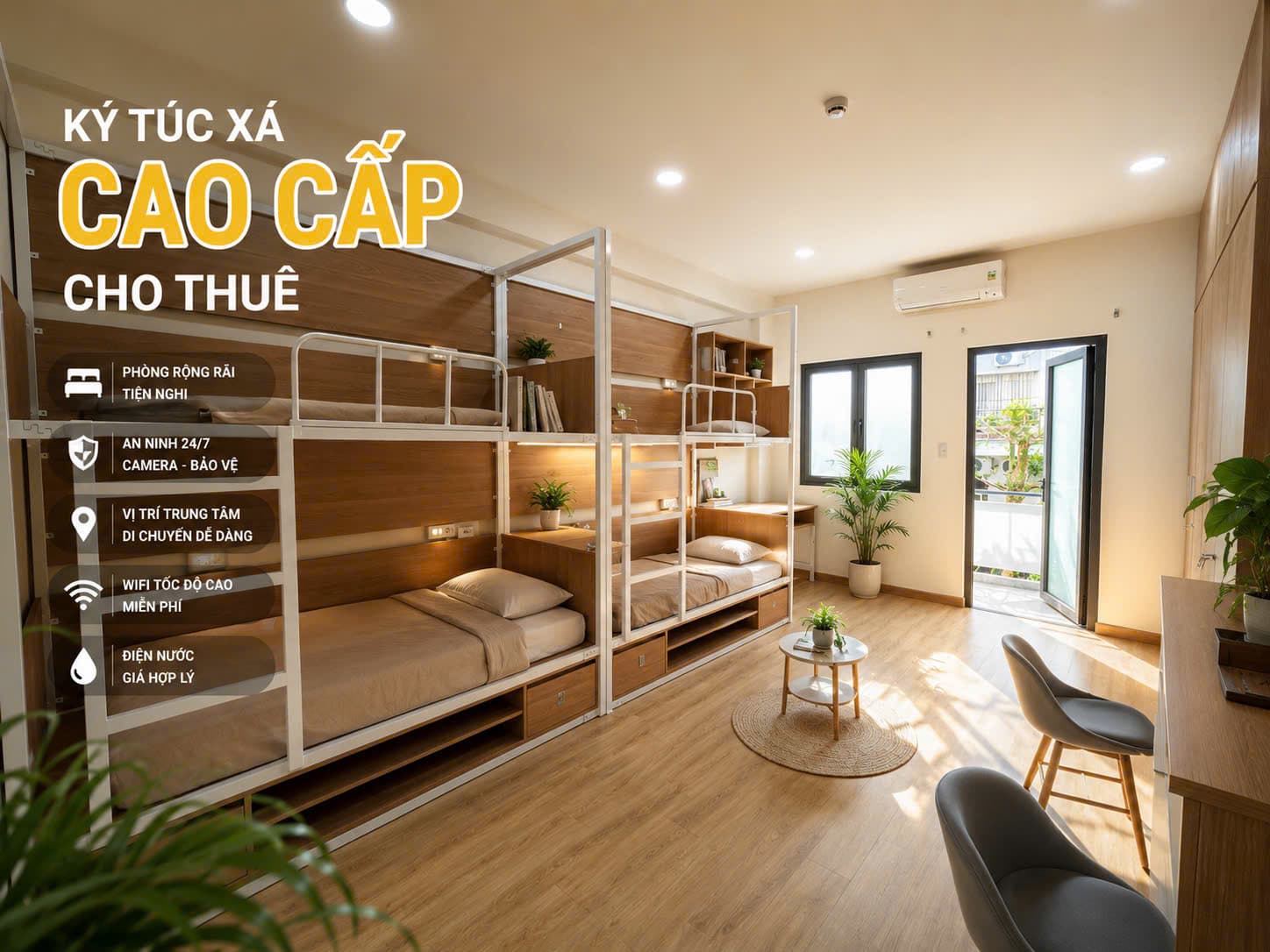 Phòng ký túc xá 5C với giường tầng gỗ sáng
